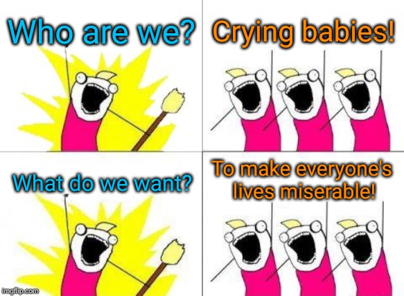 What Do We Want Meme | Who are we? Crying babies! To make everyone's lives miserable! What do we want? | image tagged in memes,what do we want | made w/ Imgflip meme maker