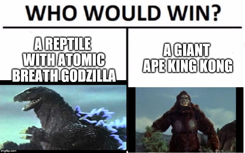How did Kong win? | A GIANT APE KING KONG; A REPTILE WITH ATOMIC BREATH
GODZILLA | image tagged in memes,who would win | made w/ Imgflip meme maker