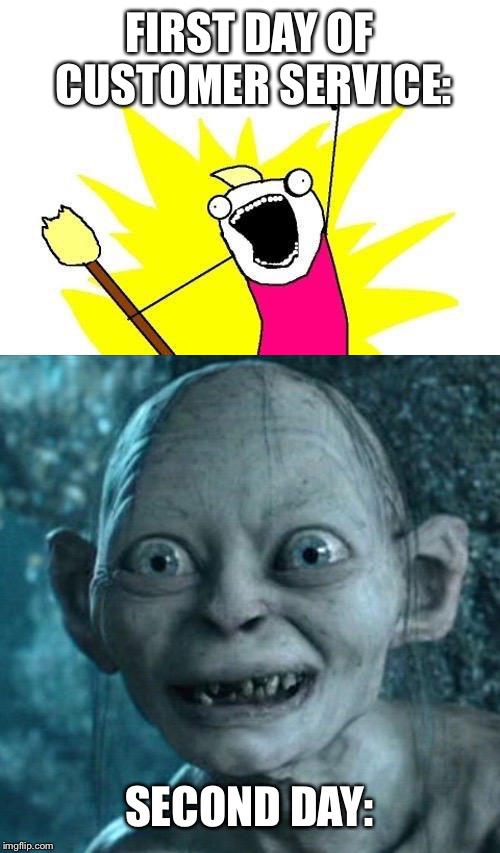 FIRST DAY OF CUSTOMER SERVICE:; SECOND DAY: | image tagged in memes,x all the y,gollum | made w/ Imgflip meme maker