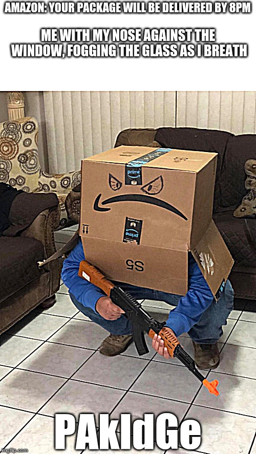Amazon Box Meme | AMAZON: YOUR PACKAGE WILL BE DELIVERED BY 8PM; ME WITH MY NOSE AGAINST THE WINDOW, FOGGING THE GLASS AS I BREATH; PAkIdGe | image tagged in amazon box man | made w/ Imgflip meme maker