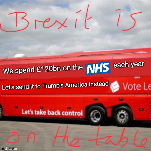 Brexit Bus | We spend £120bn on the         
       each year; Let's send it to Trump's America instead | image tagged in brexit bus | made w/ Imgflip meme maker