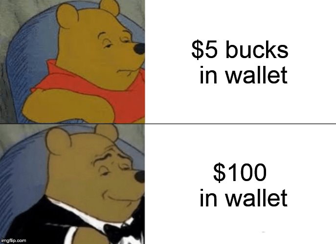 Tuxedo Winnie The Pooh Meme | $5 bucks in wallet; $100 in wallet | image tagged in memes,tuxedo winnie the pooh | made w/ Imgflip meme maker