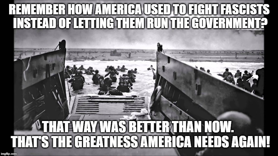 D-Day Omaha Beach | REMEMBER HOW AMERICA USED TO FIGHT FASCISTS INSTEAD OF LETTING THEM RUN THE GOVERNMENT? THAT WAY WAS BETTER THAN NOW.  THAT'S THE GREATNESS AMERICA NEEDS AGAIN! | image tagged in d-day omaha beach | made w/ Imgflip meme maker