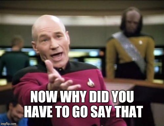piccard | NOW WHY DID YOU HAVE TO GO SAY THAT | image tagged in piccard | made w/ Imgflip meme maker