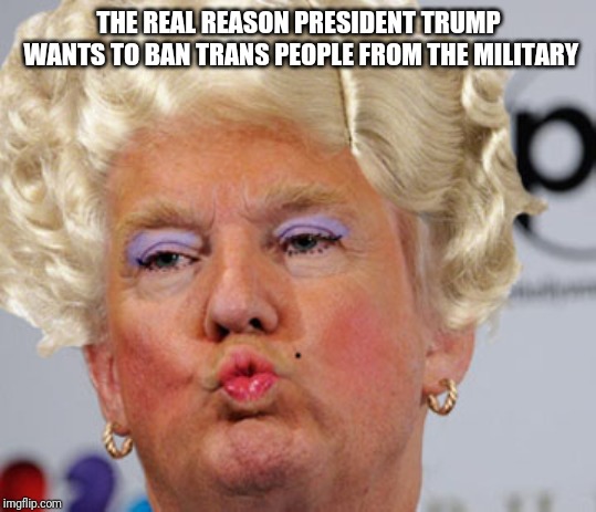 Trans Trump | THE REAL REASON PRESIDENT TRUMP WANTS TO BAN TRANS PEOPLE FROM THE MILITARY | image tagged in trans trump,politics,funny,lgbtq | made w/ Imgflip meme maker