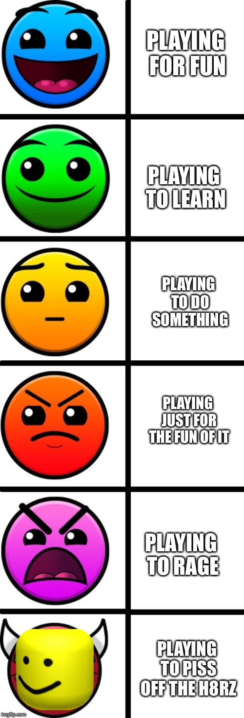 geometry dash difficulty faces | PLAYING FOR FUN PLAYING TO LEARN PLAYING TO DO SOMETHING PLAYING JUST FOR THE FUN OF IT PLAYING TO RAGE PLAYING TO PISS OFF THE H8RZ | image tagged in geometry dash difficulty faces | made w/ Imgflip meme maker