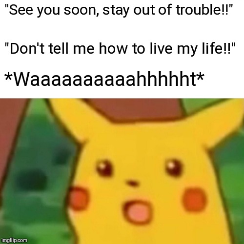 Surprised Pikachu | "See you soon, stay out of trouble!!"; "Don't tell me how to live my life!!"; *Waaaaaaaaaahhhhht* | image tagged in memes,surprised pikachu | made w/ Imgflip meme maker