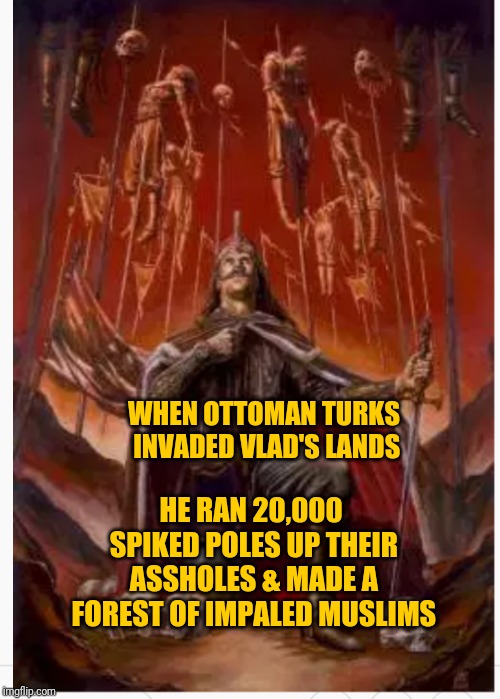 Vlad Dracul vs Muslims | WHEN OTTOMAN TURKS INVADED VLAD'S LANDS; HE RAN 20,000 SPIKED POLES UP THEIR ASSHOLES & MADE A FOREST OF IMPALED MUSLIMS | image tagged in vlad dracul vs muslims | made w/ Imgflip meme maker