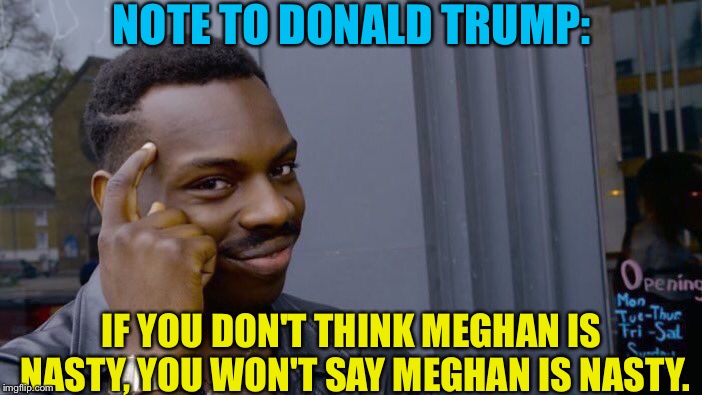 If you don't think... | NOTE TO DONALD TRUMP:; IF YOU DON'T THINK MEGHAN IS NASTY, YOU WON'T SAY MEGHAN IS NASTY. | image tagged in memes,roll safe think about it | made w/ Imgflip meme maker