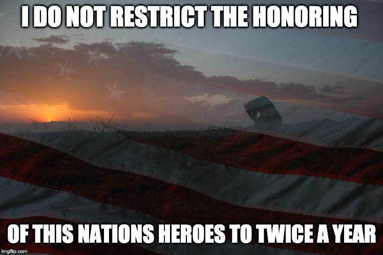 Honor the Heroes | I DO NOT RESTRICT THE HONORING; OF THIS NATIONS HEROES TO TWICE A YEAR | image tagged in honor the heroes | made w/ Imgflip meme maker