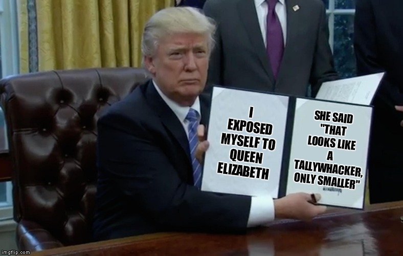 I'll Bet That Queen Elizabeth Was At Least A Seven Before Electricity.. | SHE SAID "THAT LOOKS LIKE A TALLYWHACKER, ONLY SMALLER"; I EXPOSED MYSELF TO QUEEN ELIZABETH | image tagged in executive order trump,donald trump | made w/ Imgflip meme maker