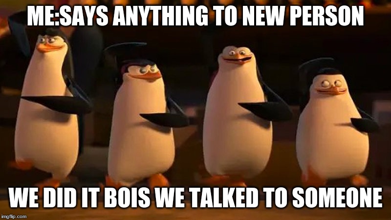 penguins of madagascar | ME:SAYS ANYTHING TO NEW PERSON; WE DID IT BOIS WE TALKED TO SOMEONE | image tagged in penguins of madagascar | made w/ Imgflip meme maker