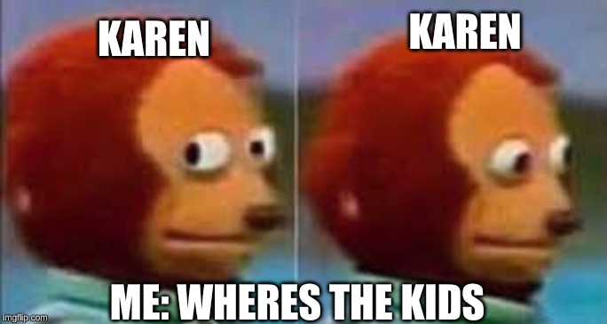 Scared Puppet | KAREN; KAREN; ME: WHERES THE KIDS | image tagged in scared puppet | made w/ Imgflip meme maker