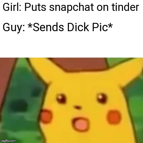 Surprised Pikachu Meme | Girl: Puts snapchat on tinder; Guy: *Sends Dick Pic* | image tagged in memes,surprised pikachu | made w/ Imgflip meme maker