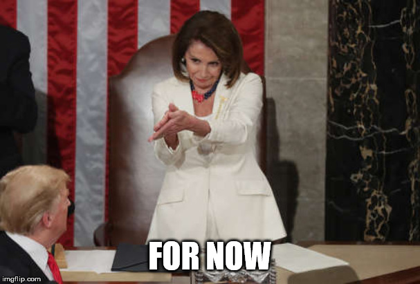 Nancy Pelosi clap | FOR NOW | image tagged in nancy pelosi clap | made w/ Imgflip meme maker