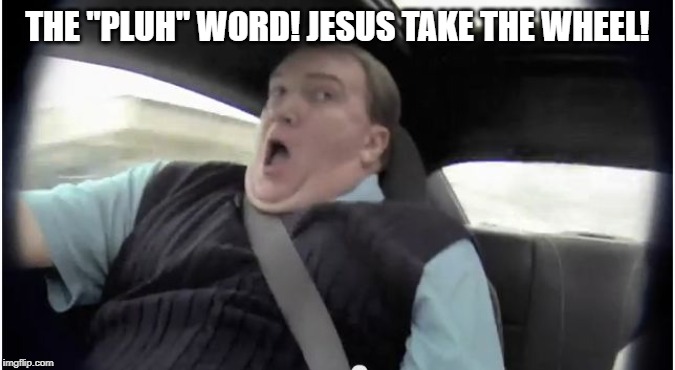 frightened passenger | THE "PLUH" WORD! JESUS TAKE THE WHEEL! | image tagged in frightened passenger | made w/ Imgflip meme maker