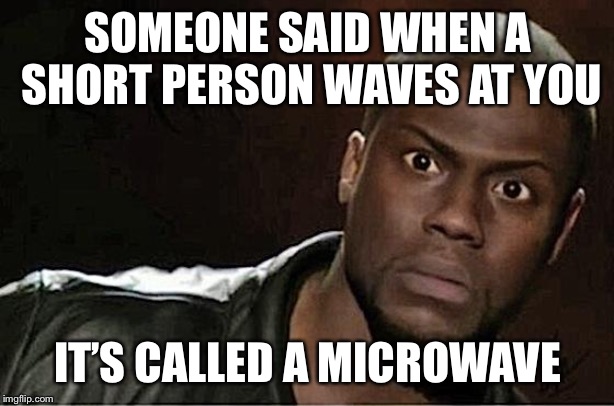 Kevin Hart Meme | SOMEONE SAID WHEN A SHORT PERSON WAVES AT YOU; IT’S CALLED A MICROWAVE | image tagged in memes,kevin hart | made w/ Imgflip meme maker