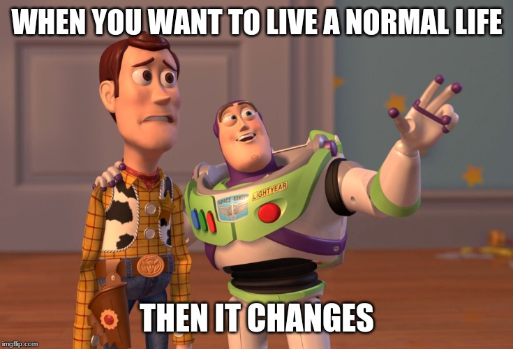 X, X Everywhere | WHEN YOU WANT TO LIVE A NORMAL LIFE; THEN IT CHANGES | image tagged in memes,x x everywhere | made w/ Imgflip meme maker