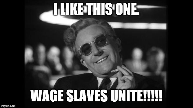 dr strangelove | I LIKE THIS ONE. WAGE SLAVES UNITE!!!!! | image tagged in dr strangelove | made w/ Imgflip meme maker