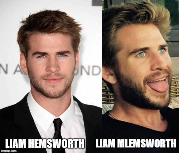 A Hemsworth by another name |  LIAM MLEMSWORTH; LIAM HEMSWORTH | image tagged in liam hemsworth,mlem | made w/ Imgflip meme maker