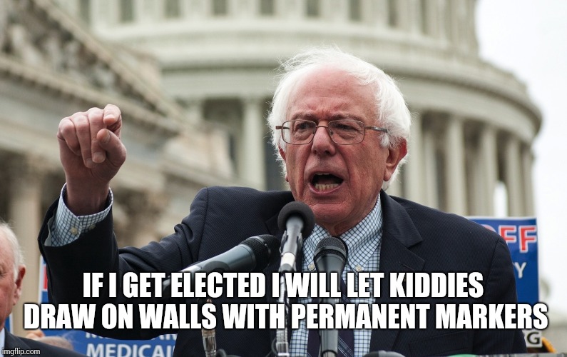 Bernie Sanders | IF I GET ELECTED I WILL LET KIDDIES DRAW ON WALLS WITH PERMANENT MARKERS | image tagged in bernie sanders | made w/ Imgflip meme maker