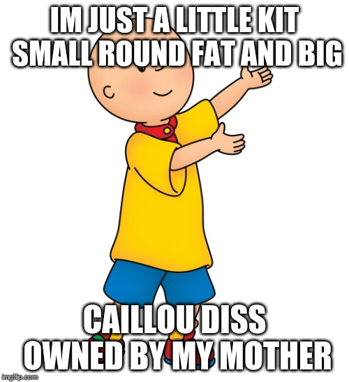 Caillou | IM JUST A LITTLE KIT SMALL ROUND FAT AND BIG; CAILLOU DISS OWNED BY MY MOTHER | image tagged in caillou | made w/ Imgflip meme maker