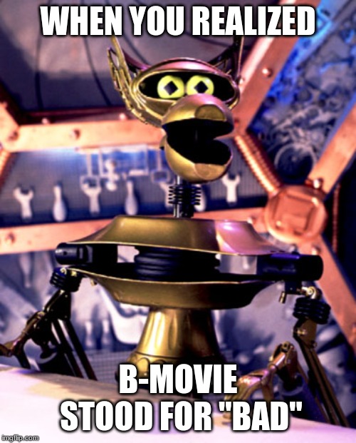 Crow T Robot Mystery Science Theater 3000 | WHEN YOU REALIZED; B-MOVIE STOOD FOR "BAD" | image tagged in crow t robot mystery science theater 3000 | made w/ Imgflip meme maker
