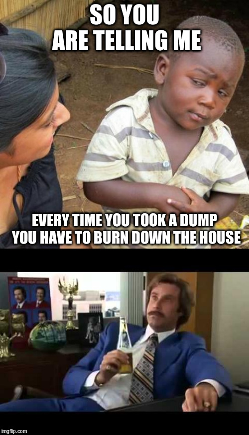 SO YOU ARE TELLING ME EVERY TIME YOU TOOK A DUMP YOU HAVE TO BURN DOWN THE HOUSE | image tagged in memes,third world skeptical kid,well that escalated quickly | made w/ Imgflip meme maker
