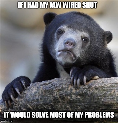 Confession Bear Meme | IF I HAD MY JAW WIRED SHUT; IT WOULD SOLVE MOST OF MY PROBLEMS | image tagged in memes,confession bear | made w/ Imgflip meme maker