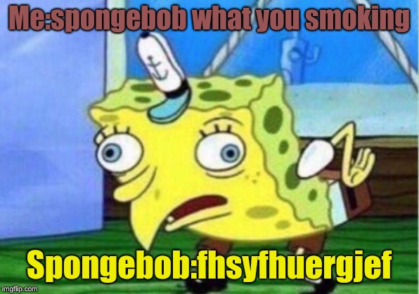 Mocking Spongebob Meme | Me:spongebob what you smoking; Spongebob:fhsyfhuergjef | image tagged in memes,mocking spongebob | made w/ Imgflip meme maker
