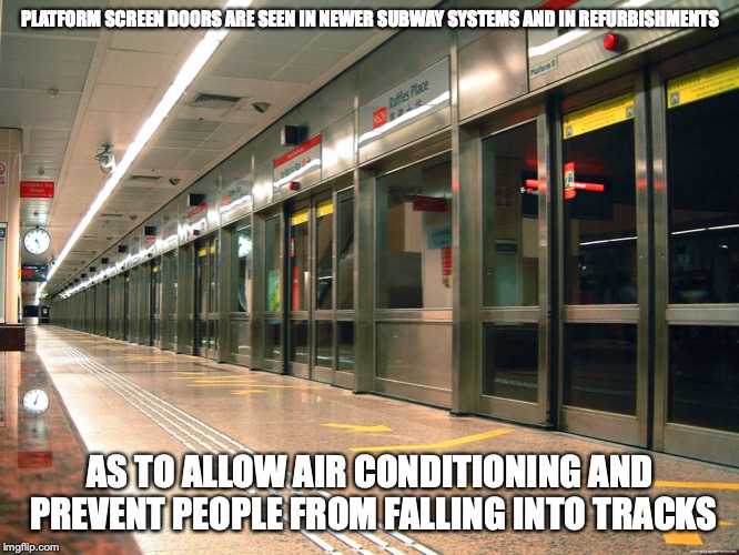 Platform Screen Doors | PLATFORM SCREEN DOORS ARE SEEN IN NEWER SUBWAY SYSTEMS AND IN REFURBISHMENTS; AS TO ALLOW AIR CONDITIONING AND PREVENT PEOPLE FROM FALLING INTO TRACKS | image tagged in public transport,memes | made w/ Imgflip meme maker