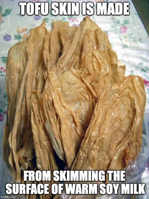Tofu Skin | TOFU SKIN IS MADE; FROM SKIMMING THE SURFACE OF WARM SOY MILK | image tagged in tofu skin,memes,food | made w/ Imgflip meme maker
