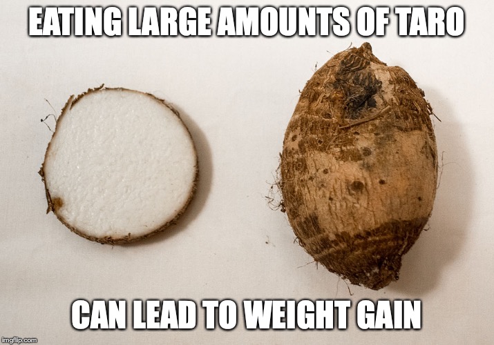 Taro | EATING LARGE AMOUNTS OF TARO; CAN LEAD TO WEIGHT GAIN | image tagged in taro,food,memes | made w/ Imgflip meme maker
