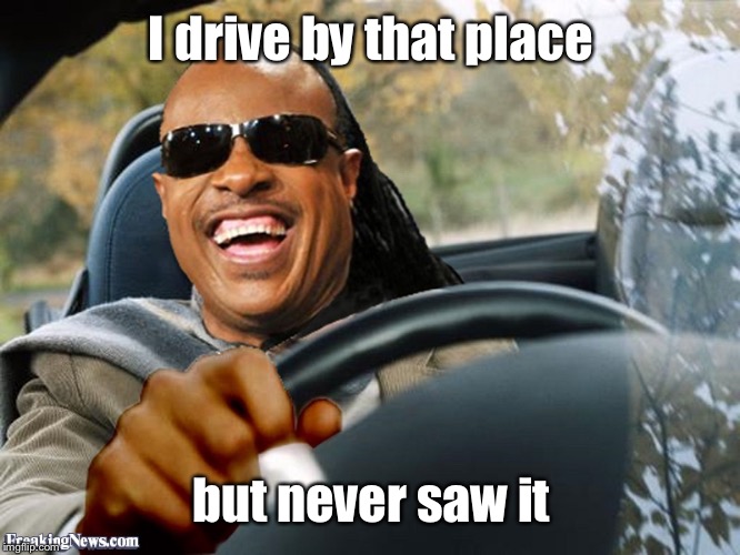 Stevie Wonder Driving | I drive by that place but never saw it | image tagged in stevie wonder driving | made w/ Imgflip meme maker