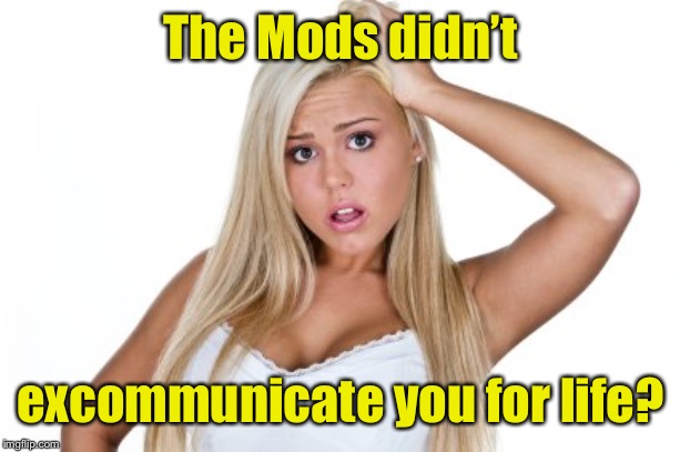 Dumb Blonde | The Mods didn’t excommunicate you for life? | image tagged in dumb blonde | made w/ Imgflip meme maker