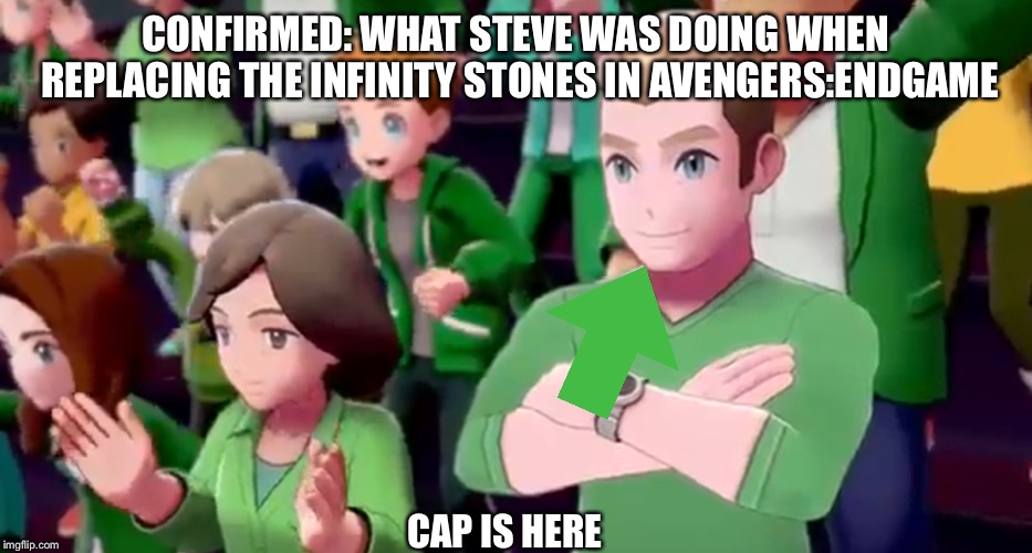 Captain America in pokemon | CONFIRMED: WHAT STEVE WAS DOING WHEN REPLACING THE INFINITY STONES IN AVENGERS:ENDGAME; CAP IS HERE | image tagged in marvel | made w/ Imgflip meme maker