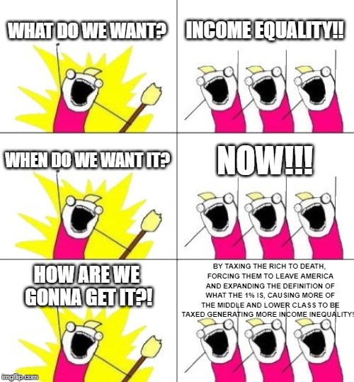 what democrats want in a netshull | WHAT DO WE WANT? INCOME EQUALITY!! WHEN DO WE WANT IT? NOW!!! BY TAXING THE RICH TO DEATH, FORCING THEM TO LEAVE AMERICA AND EXPANDING THE DEFINITION OF WHAT THE 1% IS, CAUSING MORE OF THE MIDDLE AND LOWER CLASS TO BE TAXED GENERATING MORE INCOME INEQUALITY!!! HOW ARE WE GONNA GET IT?! | image tagged in memes,what do we want 3 | made w/ Imgflip meme maker