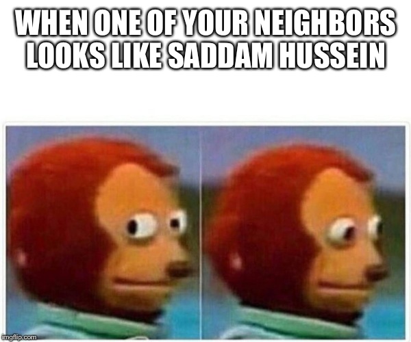 Monkey Puppet | WHEN ONE OF YOUR NEIGHBORS LOOKS LIKE SADDAM HUSSEIN | image tagged in monkey puppet | made w/ Imgflip meme maker