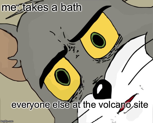 Unsettled Tom | me: takes a bath; everyone else at the volcano site | image tagged in memes,unsettled tom | made w/ Imgflip meme maker