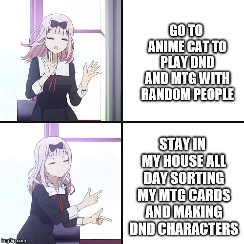 Me on a daily basis |  GO TO ANIME CAT TO PLAY DND AND MTG WITH RANDOM PEOPLE; STAY IN MY HOUSE ALL DAY SORTING MY MTG CARDS AND MAKING DND CHARACTERS | image tagged in chika yes no | made w/ Imgflip meme maker