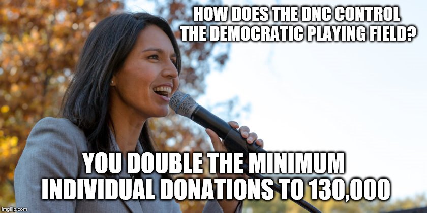 DNC just doubled the number to enter the national debates | HOW DOES THE DNC CONTROL THE DEMOCRATIC PLAYING FIELD? YOU DOUBLE THE MINIMUM INDIVIDUAL DONATIONS TO 130,000 | image tagged in congresswoman tulsi gabbard,dnc,blatant,power grab,for establishment | made w/ Imgflip meme maker