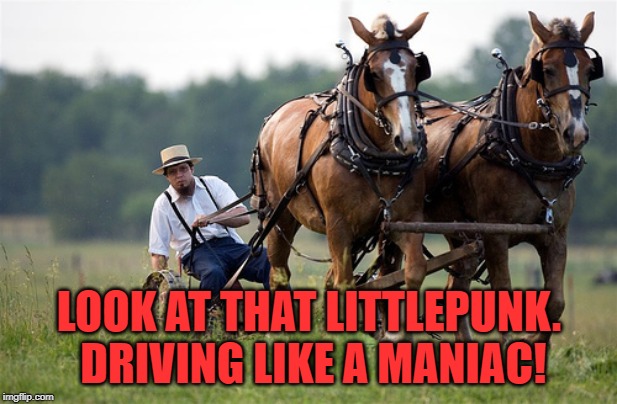 Amish farmer | LOOK AT THAT LITTLEPUNK. DRIVING LIKE A MANIAC! | image tagged in amish farmer | made w/ Imgflip meme maker