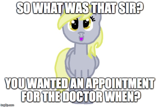 For the 1,000,000th time! | SO WHAT WAS THAT SIR? YOU WANTED AN APPOINTMENT FOR THE DOCTOR WHEN? | image tagged in confused,my little pony,doctors | made w/ Imgflip meme maker