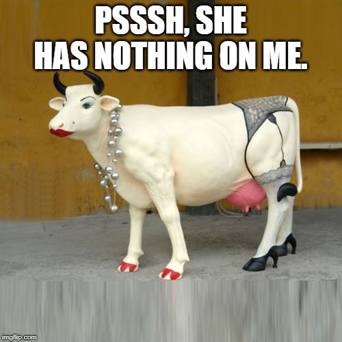 sexy cow | PSSSH, SHE HAS NOTHING ON ME. | image tagged in sexy cow | made w/ Imgflip meme maker