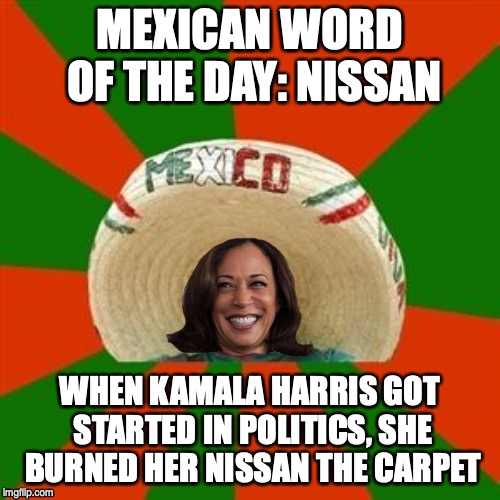 MEXICAN WORD OF THE DAY: NISSAN; WHEN KAMALA HARRIS GOT STARTED IN POLITICS, SHE BURNED HER NISSAN THE CARPET | image tagged in mexican word of the day,kamala harris,election 2020 | made w/ Imgflip meme maker