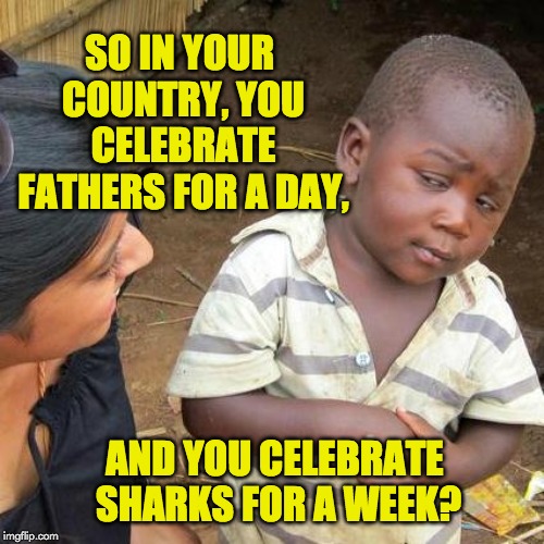 The meme worked well for me for Mother's Day.  Lightning strike twice? | SO IN YOUR COUNTRY, YOU CELEBRATE FATHERS FOR A DAY, AND YOU CELEBRATE SHARKS FOR A WEEK? | image tagged in memes,third world skeptical kid | made w/ Imgflip meme maker