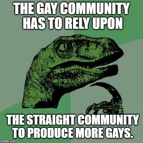 Philosoraptor | THE GAY COMMUNITY HAS TO RELY UPON; THE STRAIGHT COMMUNITY TO PRODUCE MORE GAYS. | image tagged in memes,philosoraptor | made w/ Imgflip meme maker