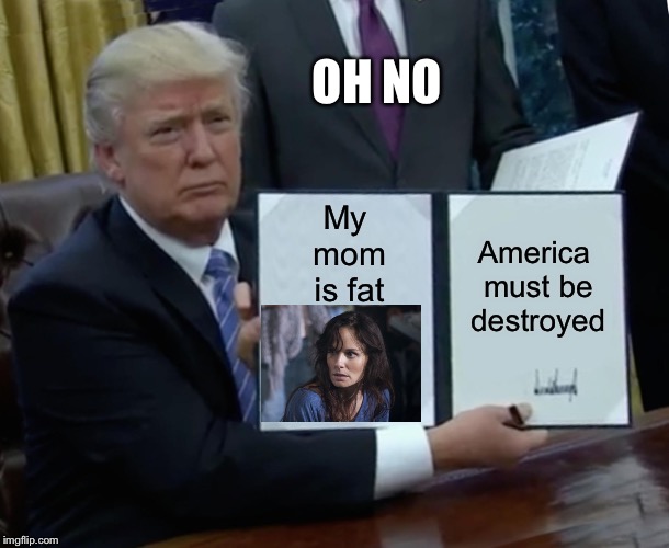 Trump Bill Signing Meme | OH NO; My mom is fat; America must be destroyed | image tagged in memes,trump bill signing | made w/ Imgflip meme maker