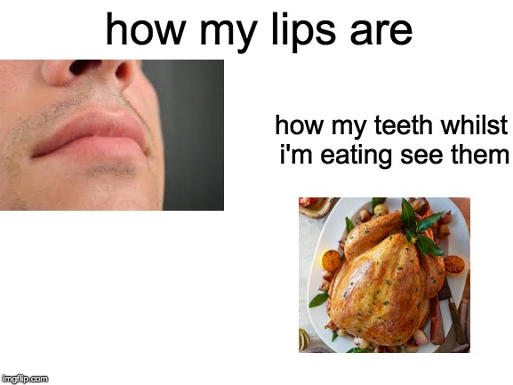 Blank White Template | how my lips are; how my teeth whilst i'm eating see them | image tagged in blank white template | made w/ Imgflip meme maker