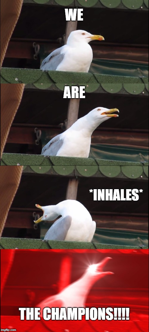 Inhaling Seagull Meme | WE; ARE; *INHALES*; THE CHAMPIONS!!!! | image tagged in memes,inhaling seagull | made w/ Imgflip meme maker
